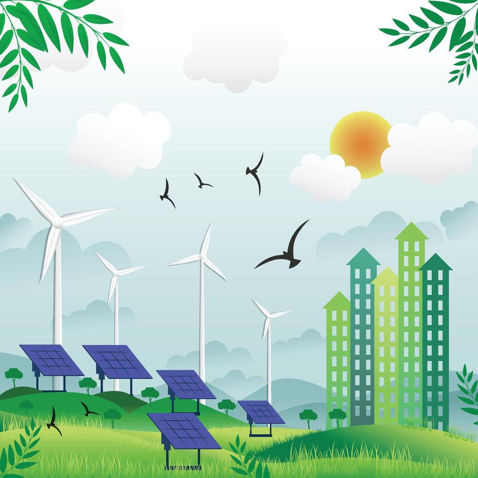 Paper art of green ecology and solar power energy for environment concept. vector