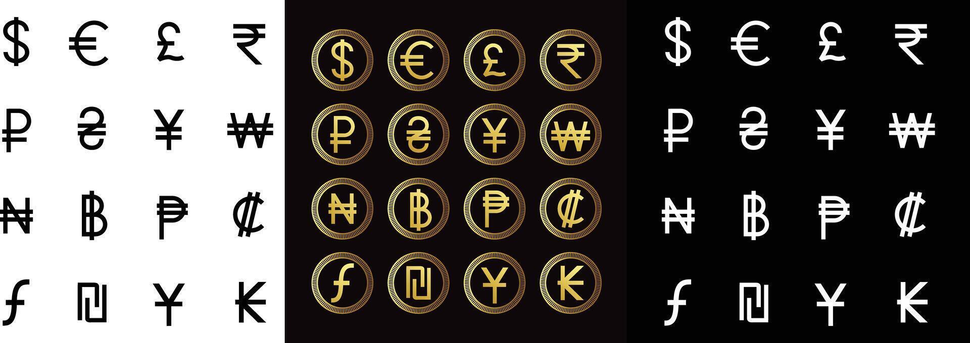 Vector Currency signs of different countries. Set of black, Golden color and White currency symbols.