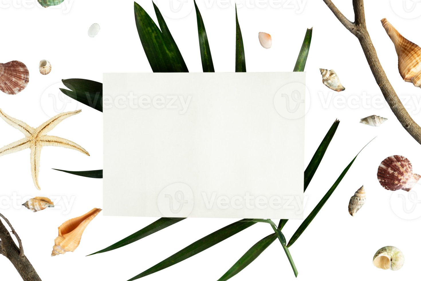 postcard mockup flat lay with palm leaf decoration png