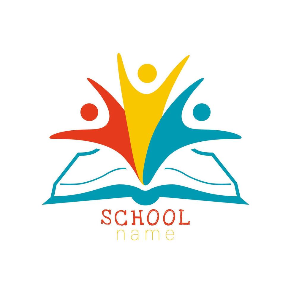 School logo, creative concept. Open book and positive students, colorful design. Isolated icon. Identity idea. Symbol of learning or reading. Schoolbook and funny kids. College sign. Education emblem. vector