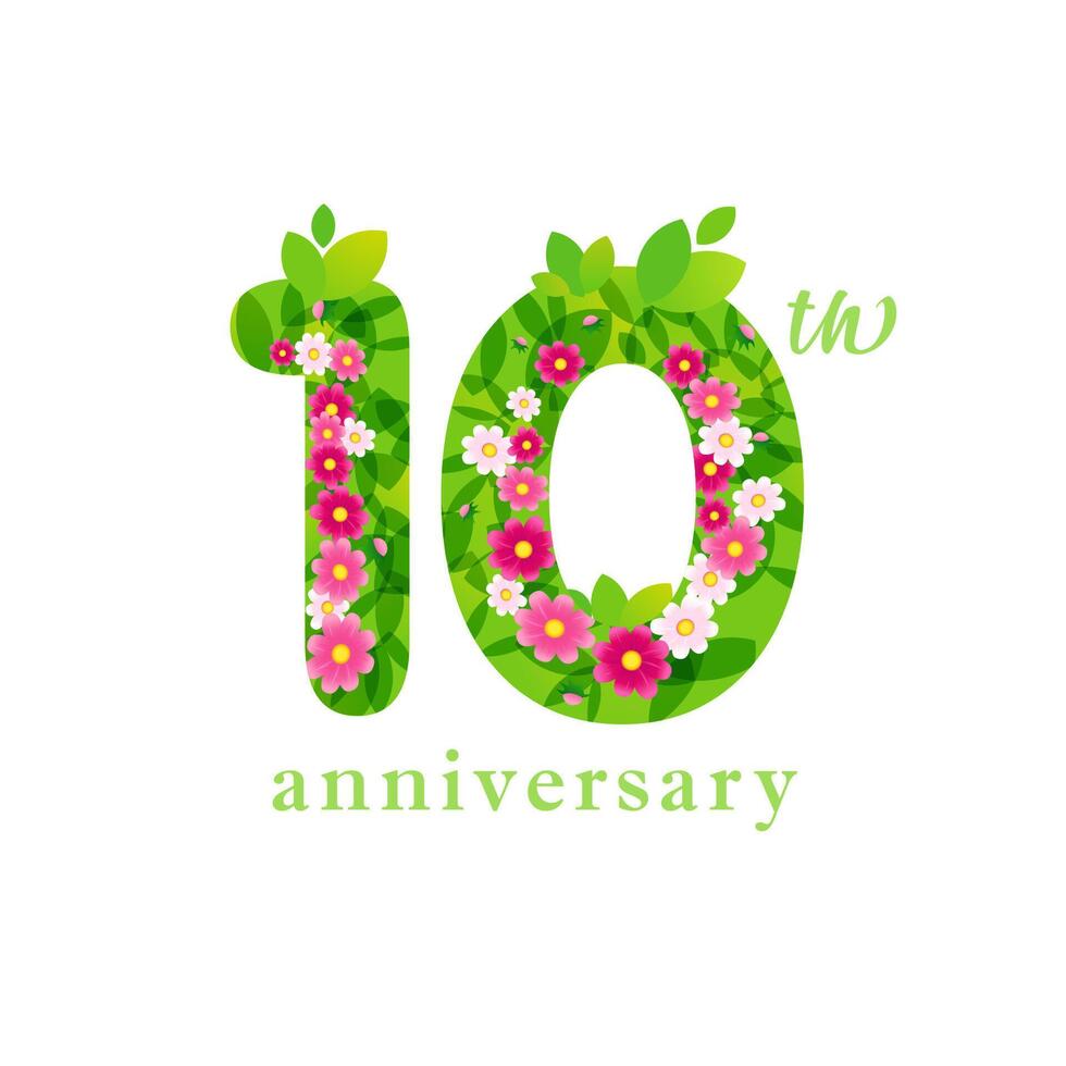 Cute floral number 10. 10th anniversary logo concept. Creative sign with flowers and leaves. Transparent elements and white background. 1 and 0 with isolated clipping mask. Up to 10 percent off idea. vector