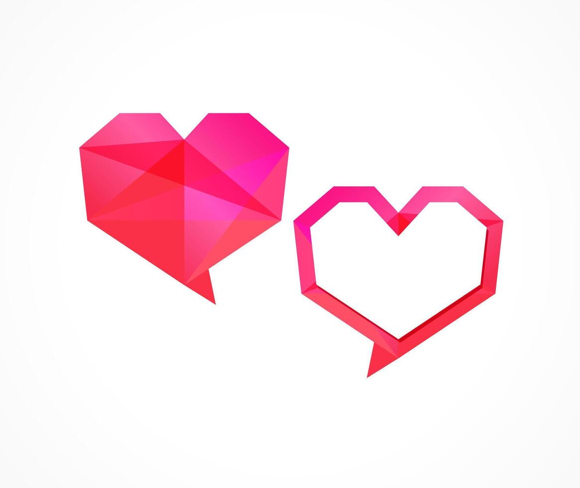 Set of creative heart icons. Talking signs. Stained glass style. Sale labels concept. Discussion symbol. Paper heart logo. Creative idea with pink blocks. Messenger icon. Crystal or diamond shape. vector