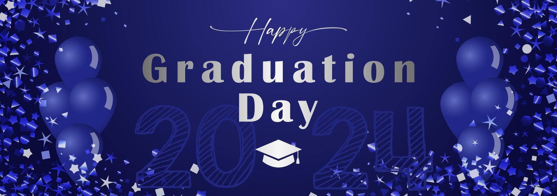 Happy Graduation Day decorative banner with 3D elements. Class of 2024 school wallpaper. Prom decoration. Holiday blue background with glittering frame. Invitation template. Greeting card concept. vector