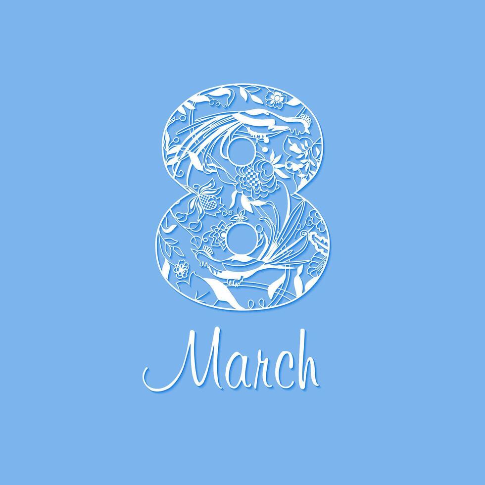 March 8, Happy Women's Day ethnic concept. Vintage number eight. Cut paper style vector