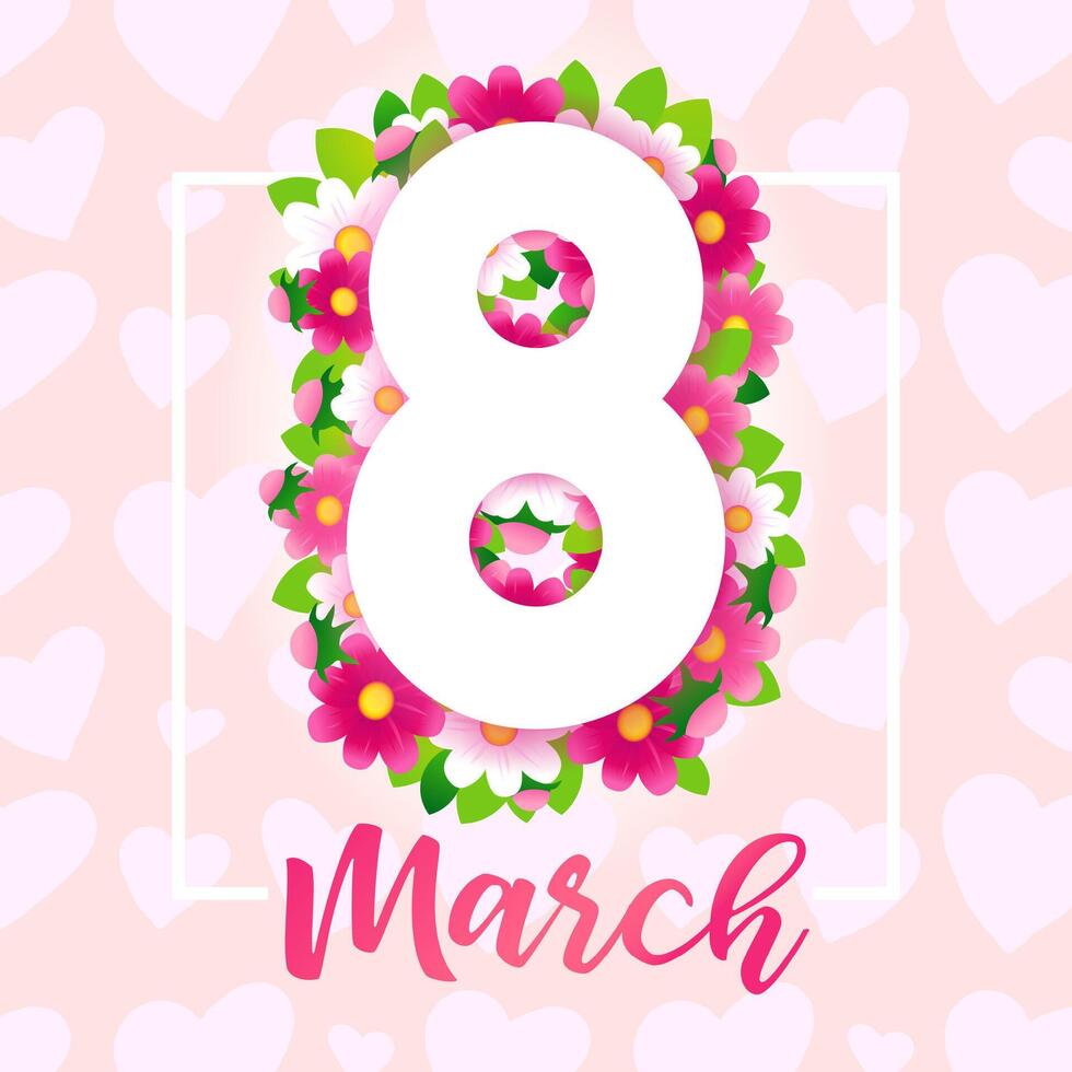 March 8, Happy Women's Day elegant congrats. Floral paper number eight. Network poster vector