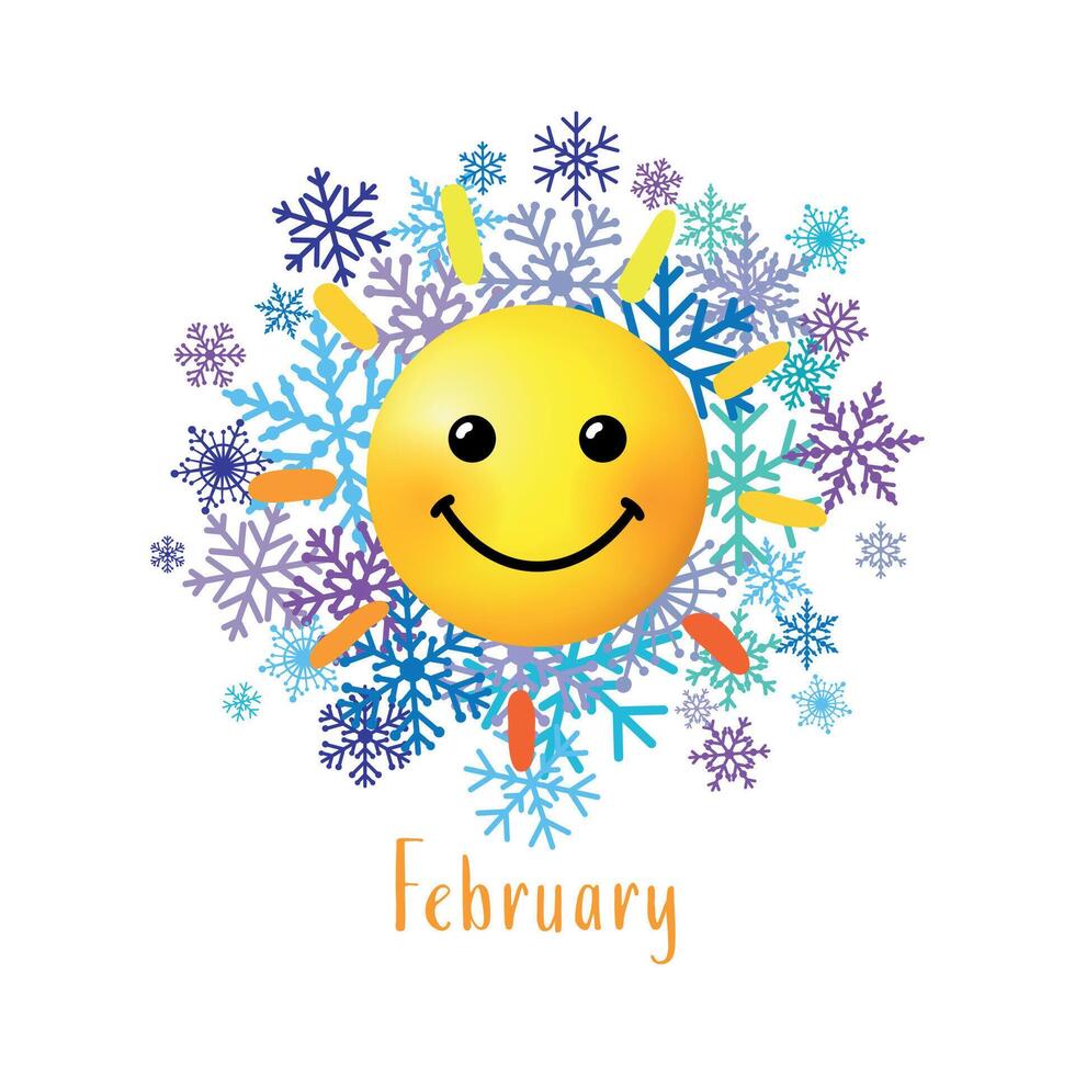 February symbol. Social media poster. Creative icon. Isolated yellow face, sun and snow. 3D graphic style. Isolated design. Network timeline post concept. Internet banner. Web messenger congrats. vector