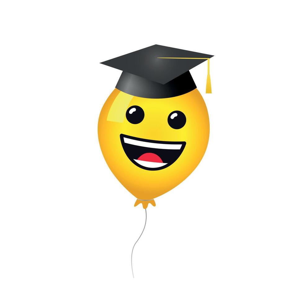 Funny graduating icon. Yellow balloon with cute laughing face and academic hat, 3D graphic design. Educational creative character. Vector illustration. Holiday symbol. Isolated symbol. Prom banner.