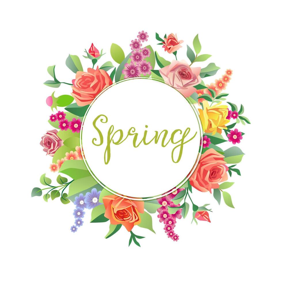 Spring wreath. Floral icon. Hello spring greetings. Decorative concept. Vintage logo with 3D roses and leaves. Isolated template. Beautiful banner. Retro style flowers. Graphic design. Ethnic decor. vector