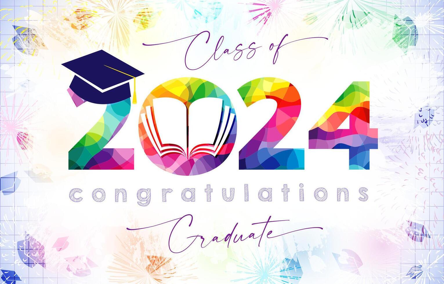 Graduation party creative invitation or banner with bright number. Graduating background and open notebook. Educational holiday event backdrop. Class of 2024 greeting card template. Colorful design vector