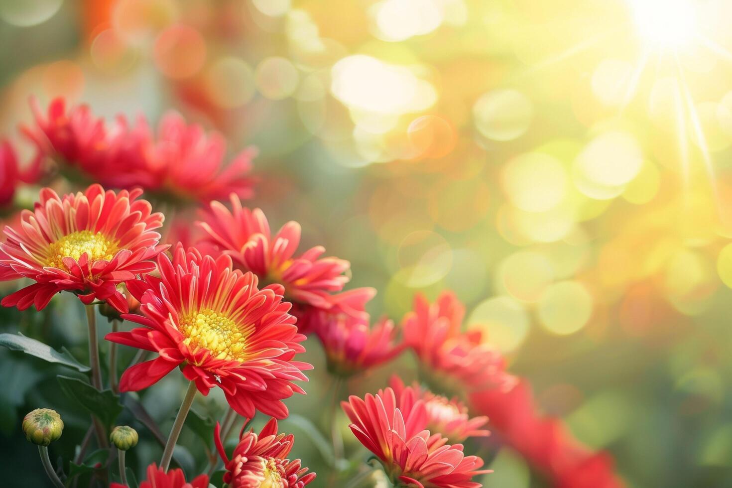 AI generated Sunlit Red Chrysanthemums with Soft Bokeh Background photo
