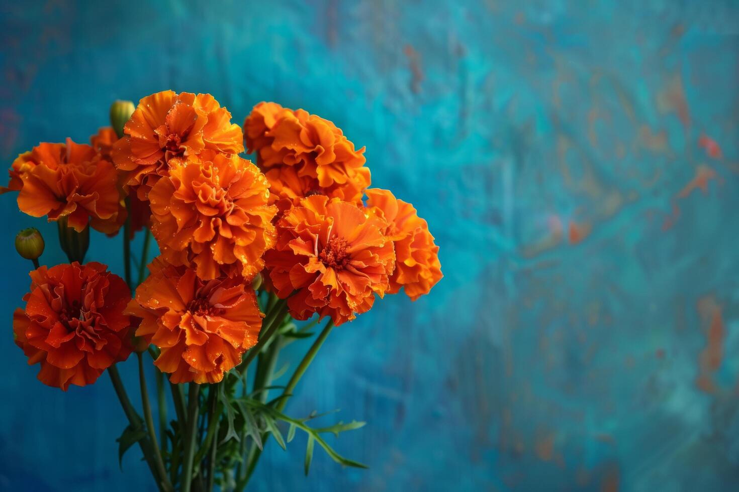 AI generated Close Up of Orange Marigolds on Turquoise Background photo