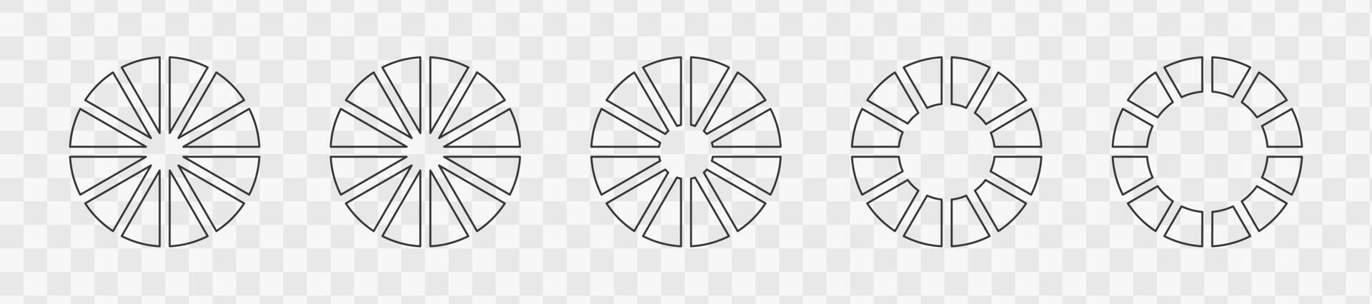 Outline donut charts or pies segmented on 12 equal parts. Set of infographic wheels divided in twelve sections. Circle diagrams or loading bars vector