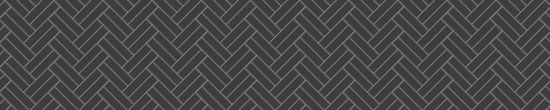 Black double herringbone tile seamless pattern. Stone or ceramic brick wall background. Kitchen backsplash or bathroom wall or floor texture. Facade or interior decoration vector