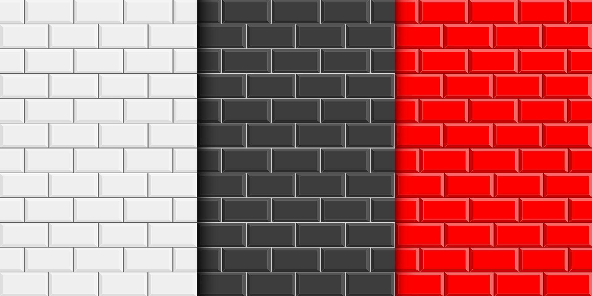 Set of white, black and red subway wall textures. Ceramic tile or stone brick background. Kitchen backsplash or bathroom floor texture. Interior or exterior surface design vector