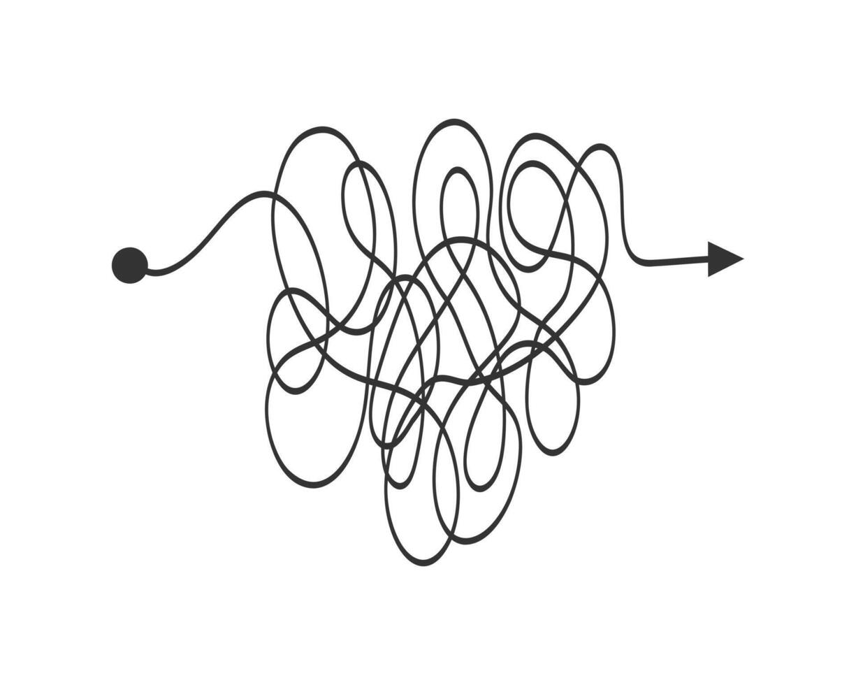 Chaotic line from start point to finish arrow. Complex problem solution concept. Brain work with new idea. Complexity sign vector