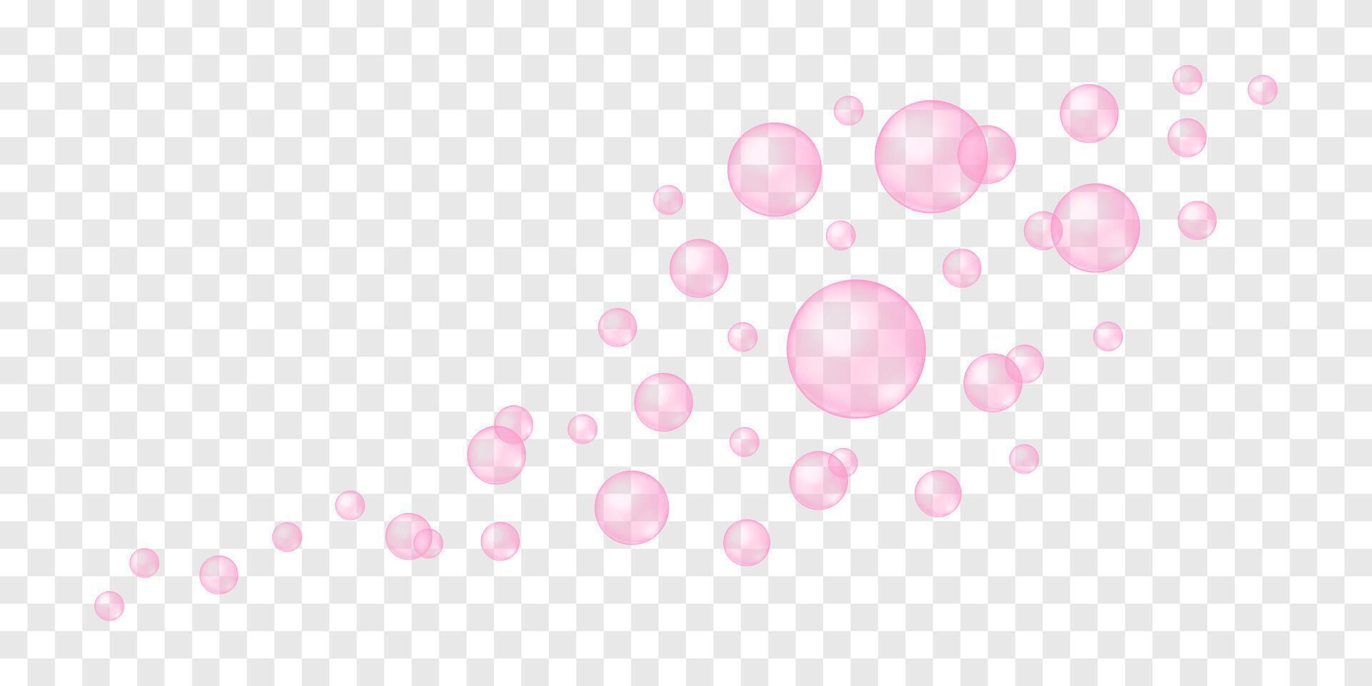 Flying or foating pink bubbles. Soap foam, bath suds, cleanser texture. Fizzy cherry or strawberry drink, champagne, sparkling wine vector