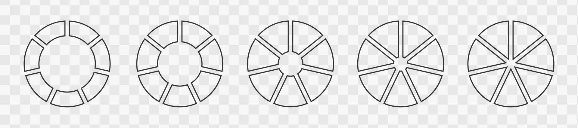 Set of graphic donut or pie charts divided on 7 equal parts. Infographic wheels with seven sections. Circle diagrams or loading bars vector
