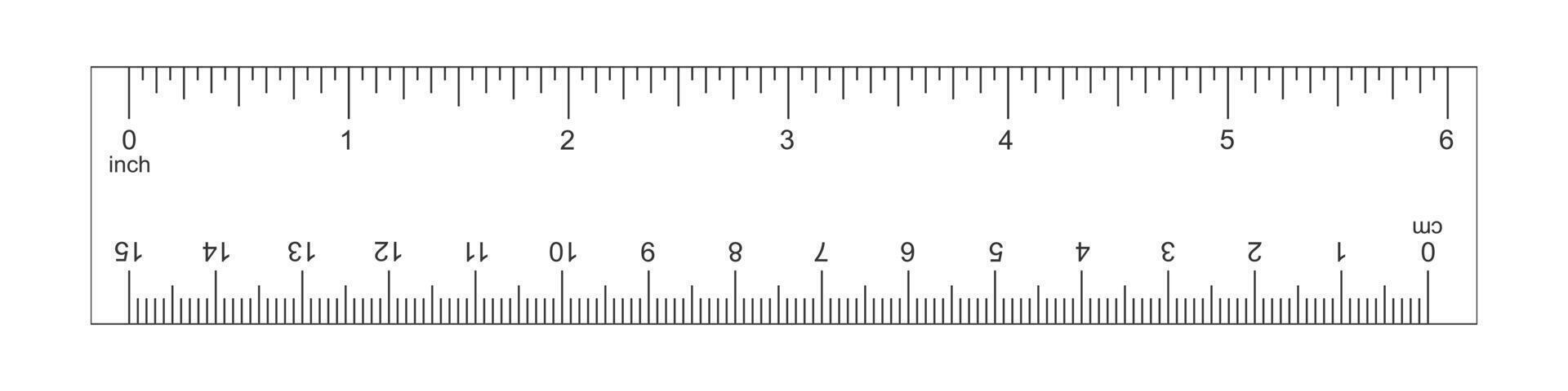 Horizontal ruler with 6 inch and 15 centimeter scale. Measuring chart with markup and numbers. Distance, height or length measurement tool template vector
