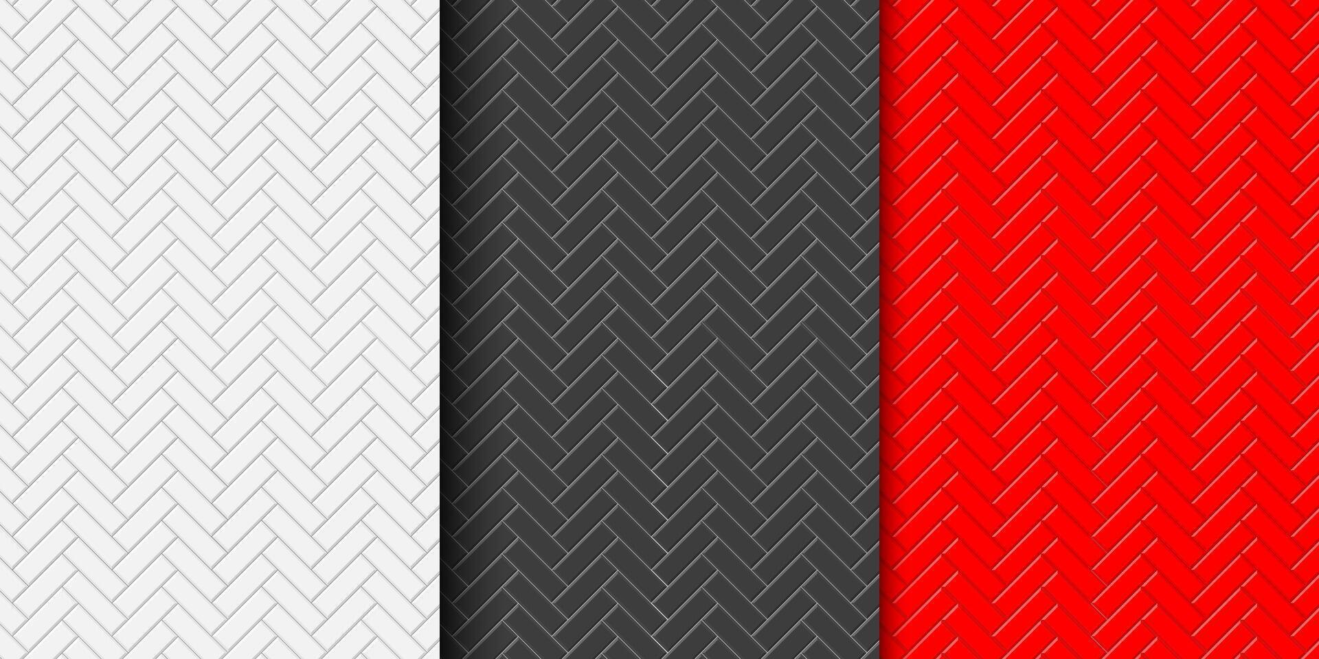 Set of white, black and red herringbone tile seamless pattern. Stone or ceramic wall background. Kitchen backsplash or bathroom wall or floor texture vector
