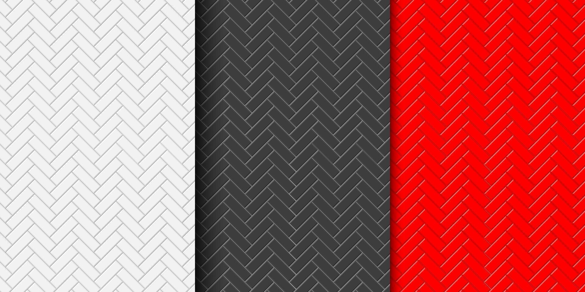 conjunto de blanco, negro y rojo espina de pescado loseta sin costura modelo. Roca o cerámico pared antecedentes. cocina protector contra salpicaduras o baño pared o piso textura vector