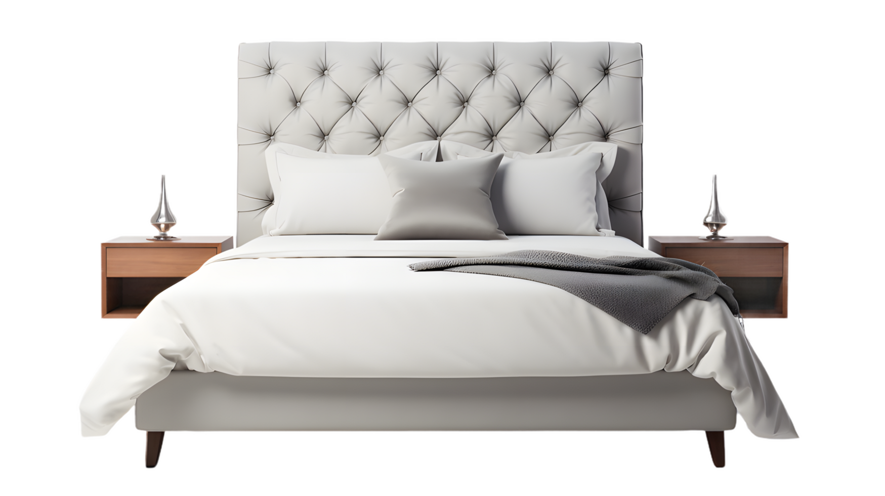 ai generato moderno lusso bianca letto con cuscini, camera arredamento, interno, Camera da letto, vivente camera isolato, trasparente png sfondo