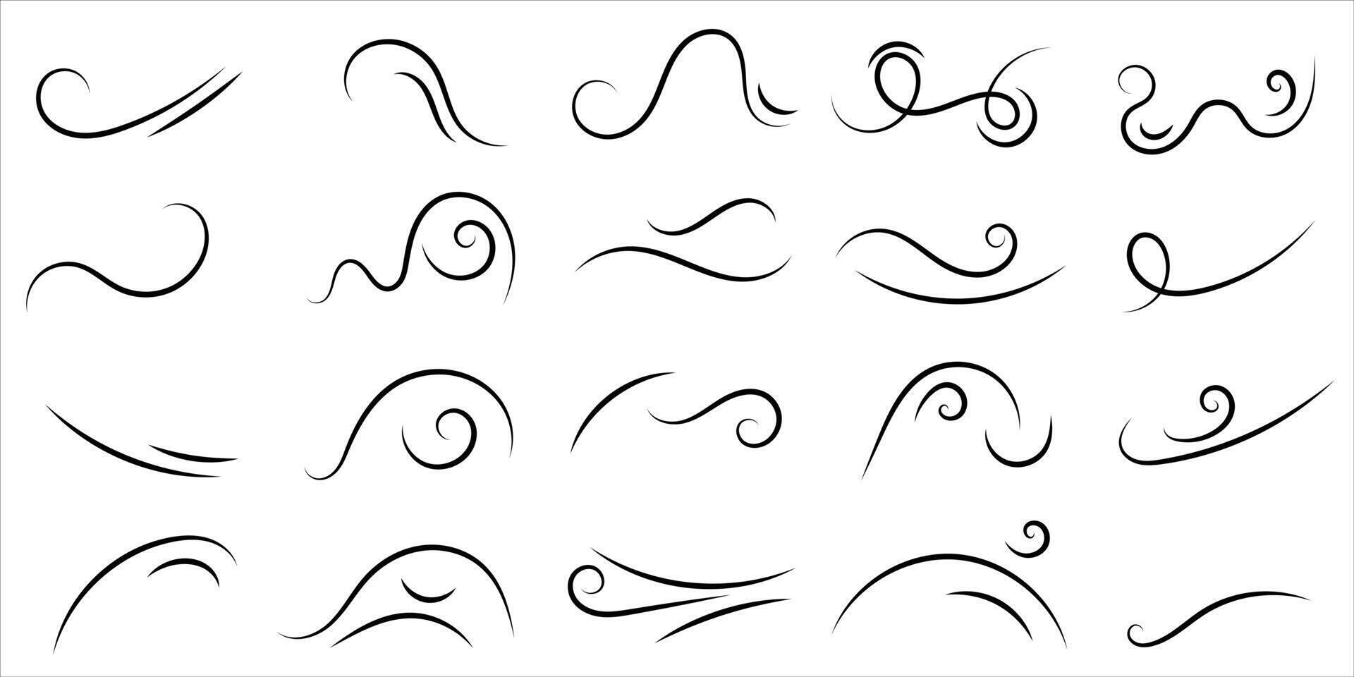 Set of swirl line wind doodle. Hand drawn curve line, air wind flow, doodle wind motion, swirl elements, wind line sketch. Vector illustration