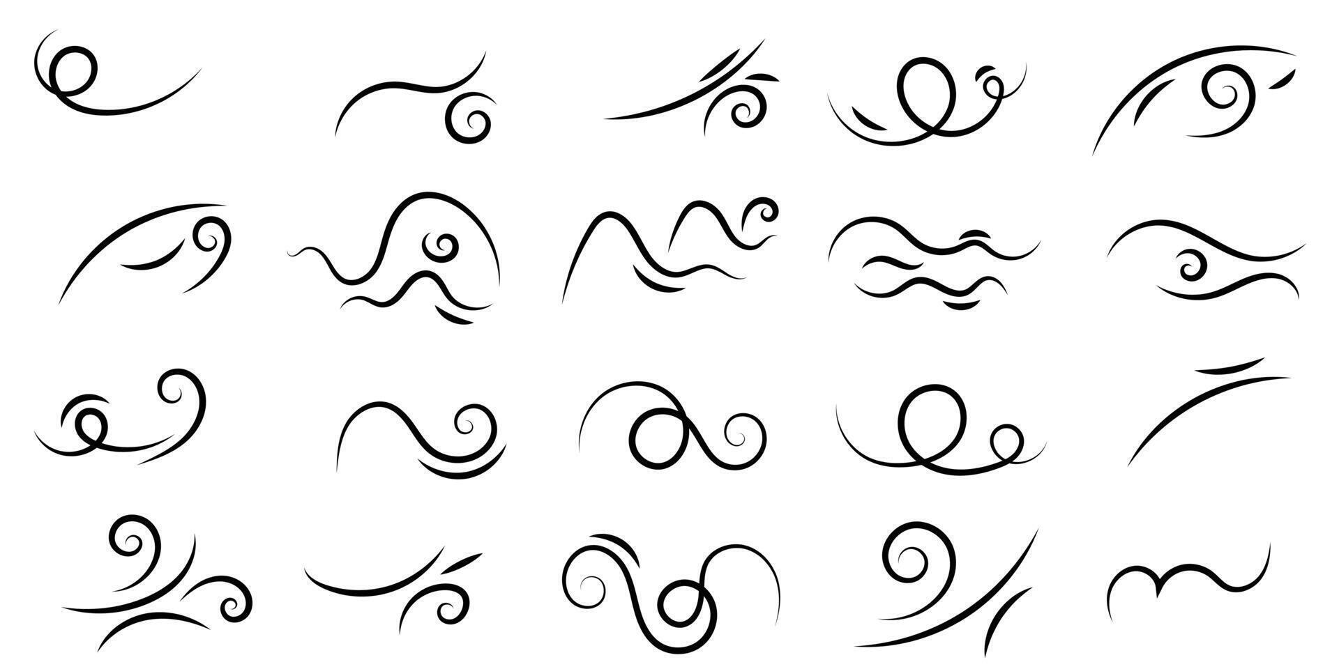 Set of swirl line wind doodle. Hand drawn curve line, air wind flow, doodle wind motion, swirl elements, wind line sketch. Vector illustration