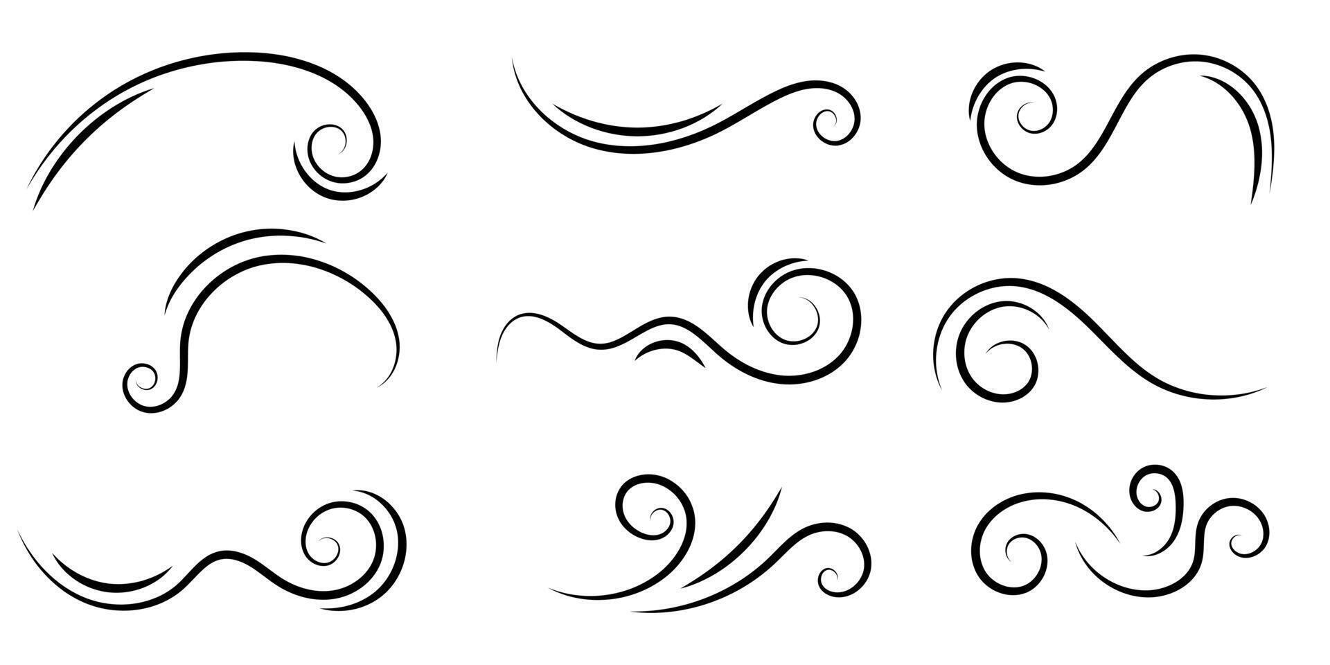 Set of swirl line wind doodle. Hand drawn curve line, air wind flow, doodle wind motion, swirl elements, wind line sketch. Vector illustration