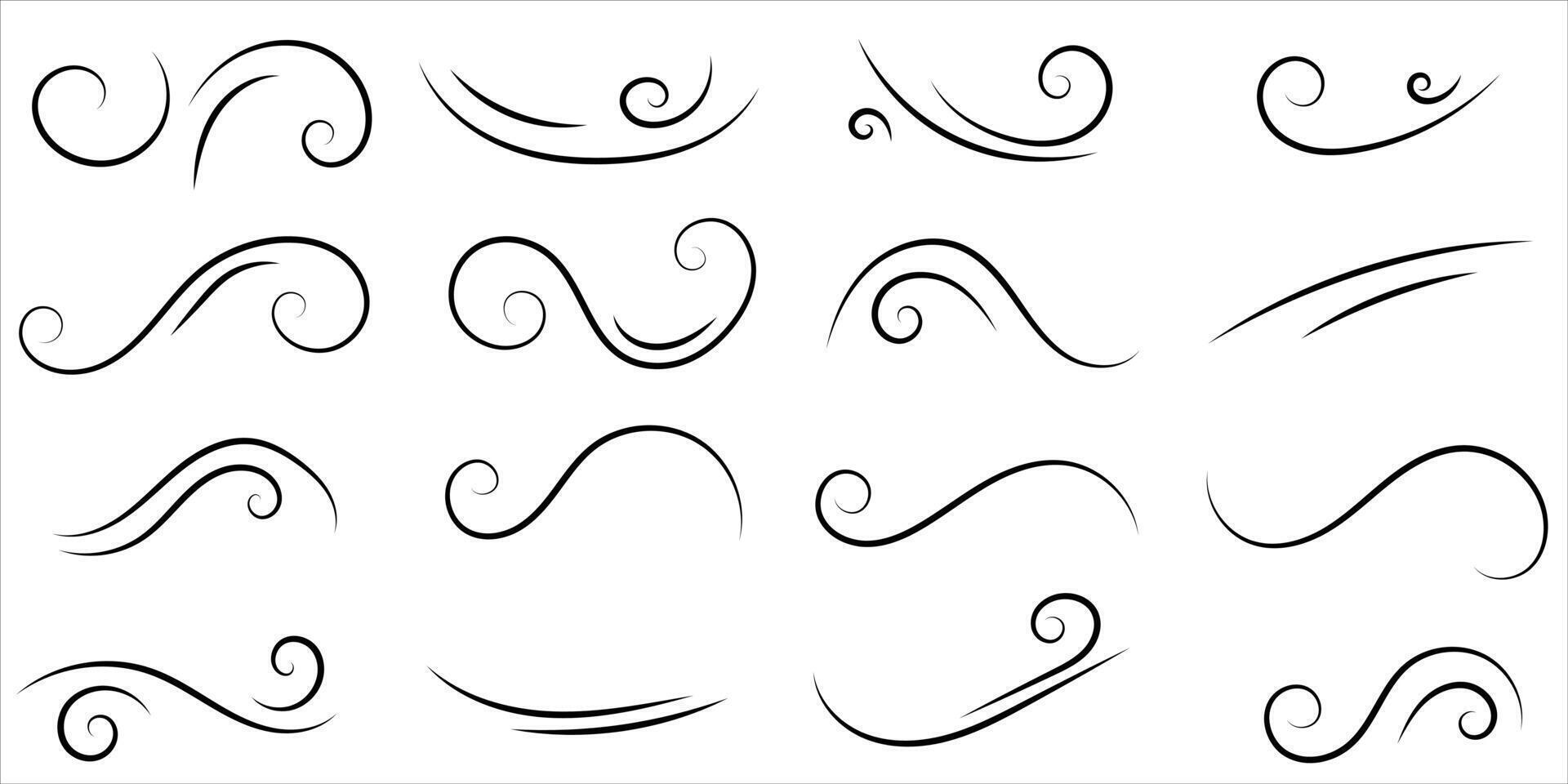 Set of swirl line wind doodle. Hand drawn curve line, air wind flow, doodle wind motion, swirl elements, wind line sketch. Vector illustration