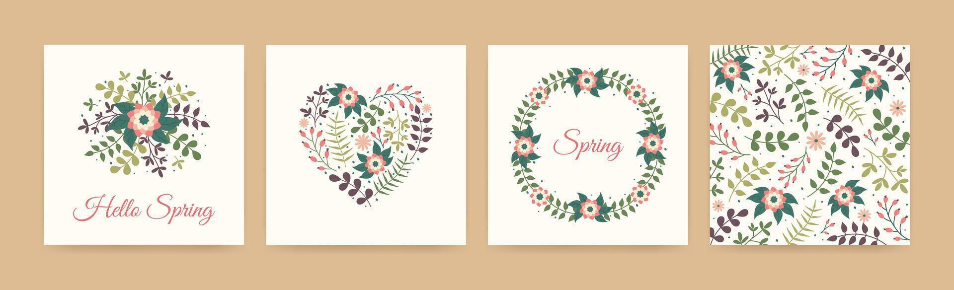 Set of hand drawn Spring floral backgrounds. Simple Botanical elements, plants and leaves in Doodle style for social media posts or greeting cards. Postcard templates with Flowers frame, heart shape. vector