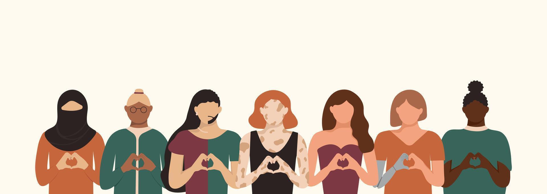 Diversity Girls with different figure age race identify stand together and hold hands like heart shape for IWD 2024 banner with copy space. International Women's Day background empty place for text. vector