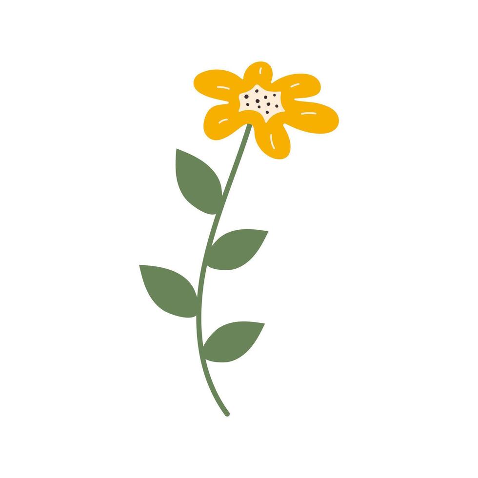 Abstract Hand drawn yellow flower. Doodle blooming plant flat simple composition. Decorative Blossoming wildflower isolated on white background. Botanical element for decoration of cards or posters. vector