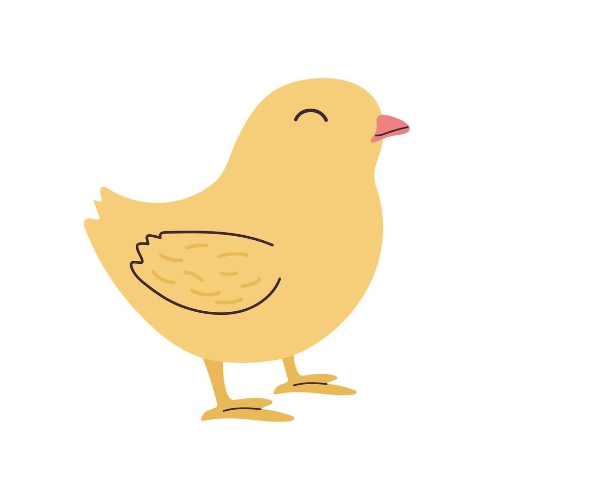 Hand drawn cute standing small yellow Chick. Flat vector spring Easter design in colored Doodle style. Kawaii Chicken bird nestling icon or print. Isolated on background.