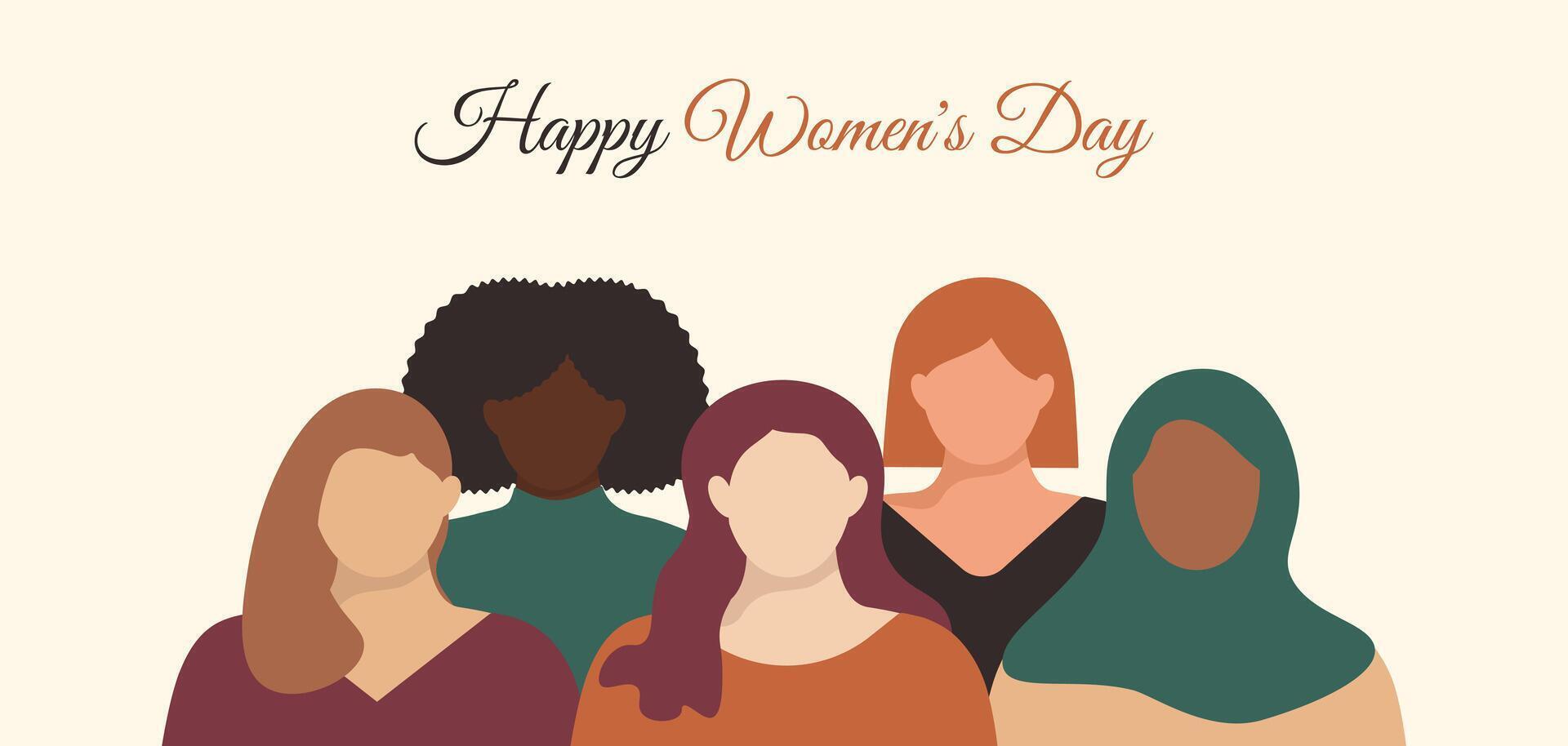 Happy Women's Day banner. Diverse Girls standing together. Sisterhood and females friendship minimalist faceless illustration. vector