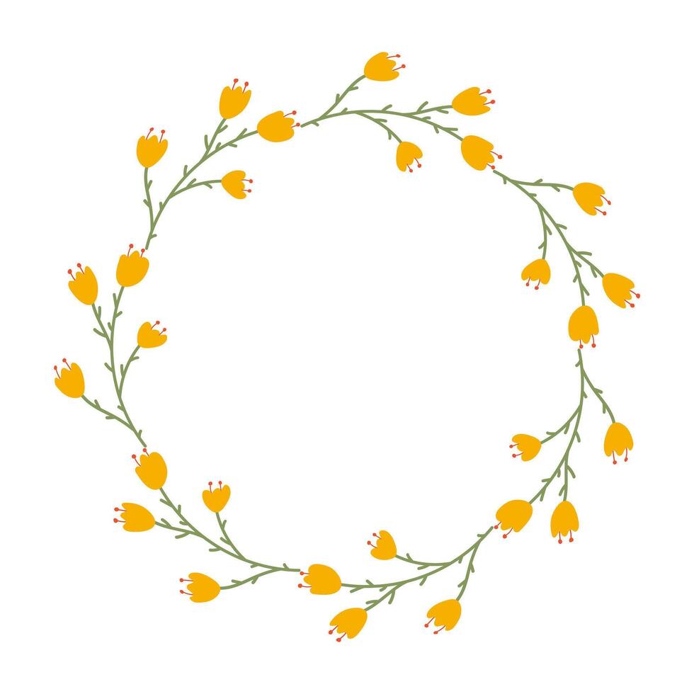 Doodle Floral Wreath made of yellow Tulips in circle. Hand drawn minimalist spring Flowers. Round summer frame or border with place text, quote or logo in flat style. vector