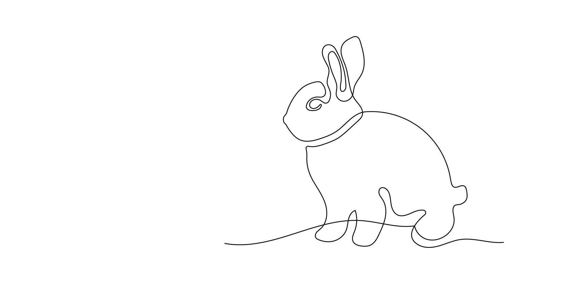 One line drawing of Easter Bunny on backhround with Copy space. Cute Rabbit silhouette with ears and Editable stroke for spring design greeting card and web banner. Outline Vector illustration.