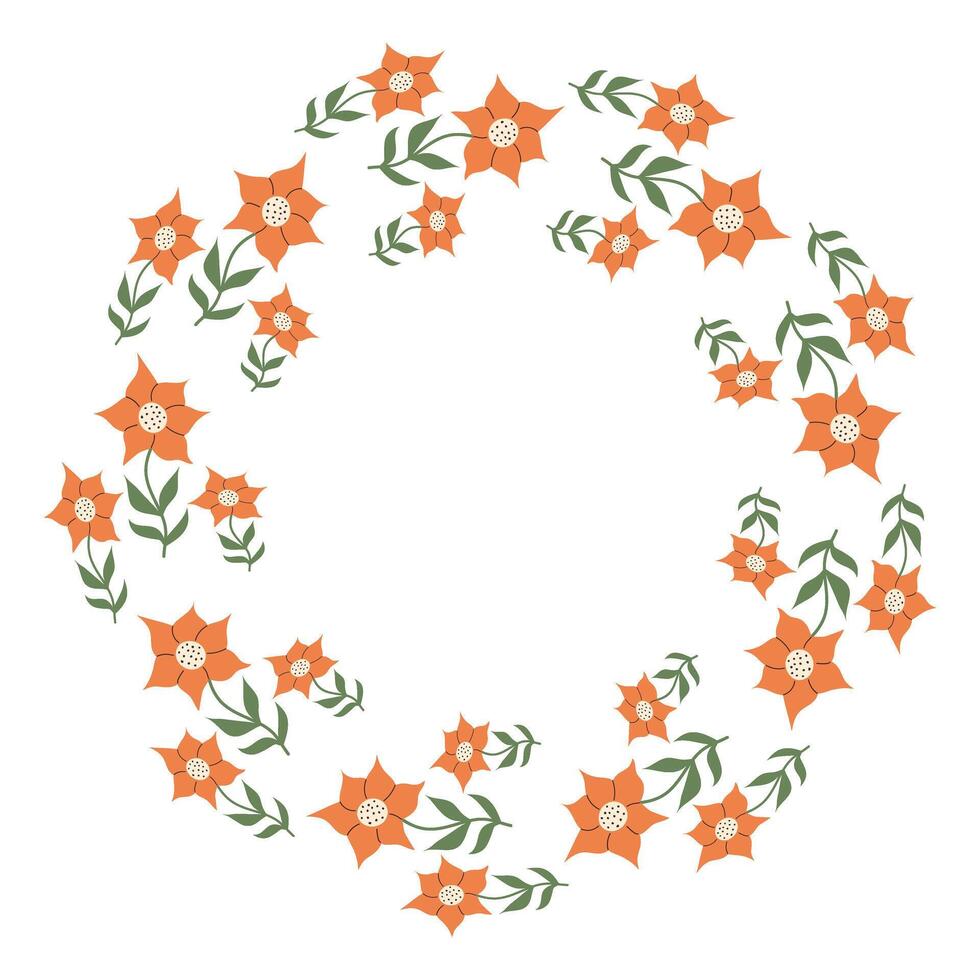 Floral Wreath made of orange flowers in circle. Hand drawn minimalist botanical element. Doodle Round frame or border with place text, quote or logo in flat style. vector