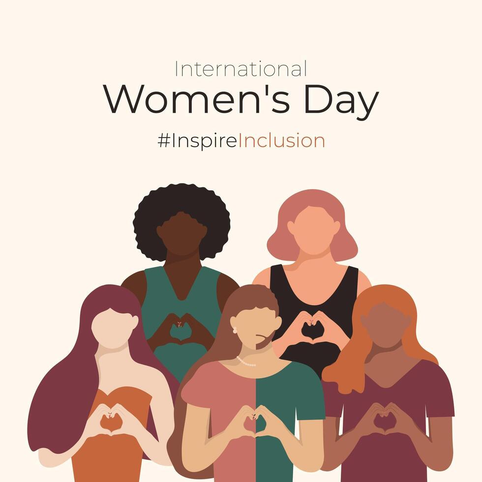 InspireInclusion International Women's Day 2024 Square Greeting card. Minimalist posters with Inspire Inclusion slogan. Diverse women with heart-shaped hands stand together for posts on social media. vector