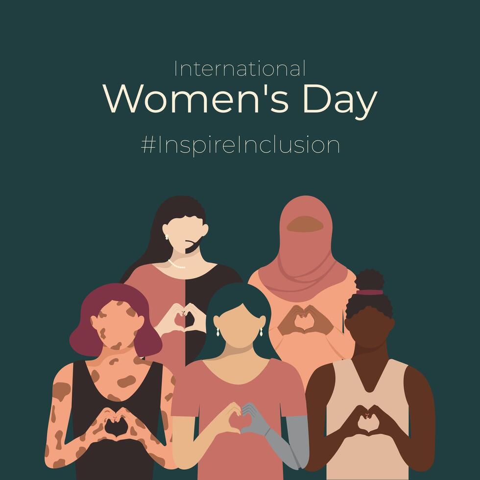 Inspire Inclusion 2024 poster on dark background. Diverse religions colors body ages physical abilities and ethnicities girls with heart-shaped hands. International Women's Day InspireInclusion slogan vector