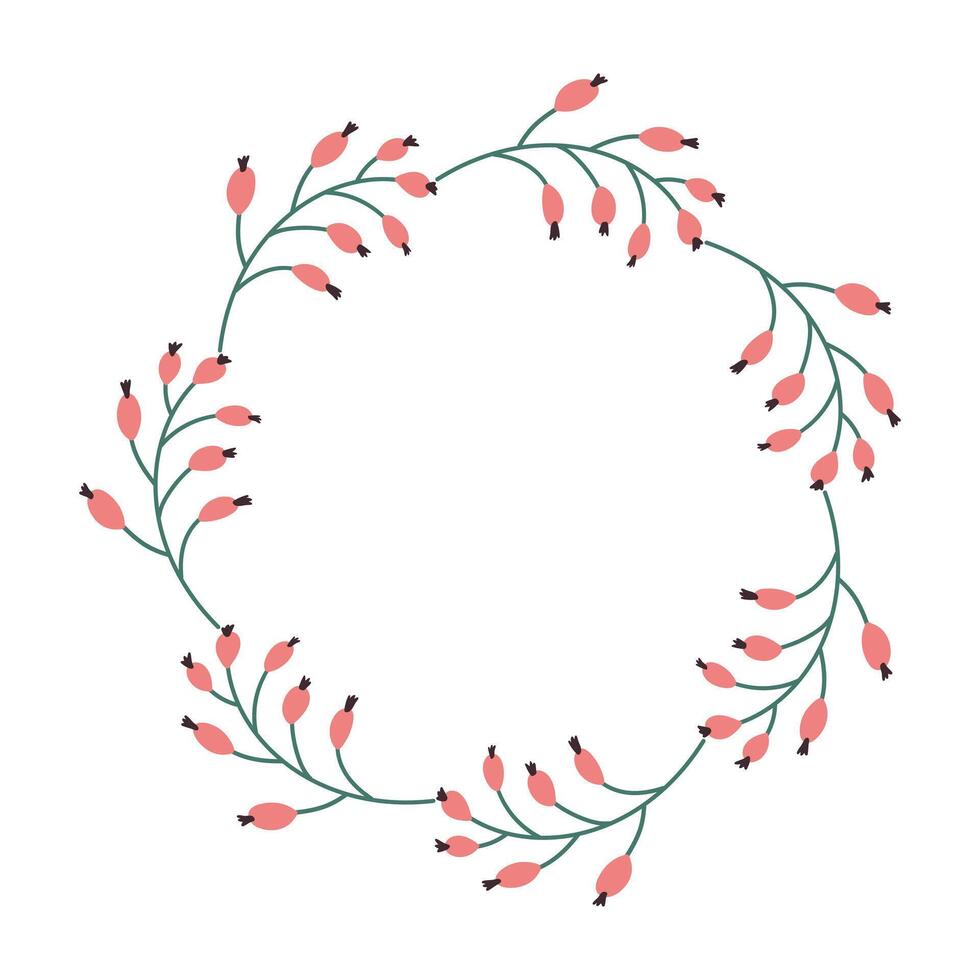 Round Hand drawn floral frame or border with place text, quote or logo in flat style. Doodle Wreath made of pink flowers in circle. Minimalist botanical element branches with berries. vector
