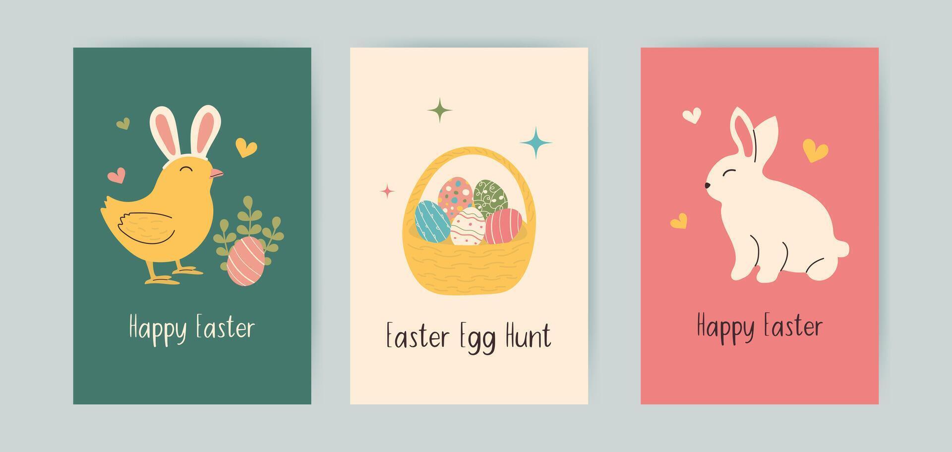 Set of hand-drawn Happy Easter vertical backgrounds. Greeting card with chicken, bunny and leaves in doodle style. Egg hunt template for social media with basket filled colorful patterned eggshells. vector