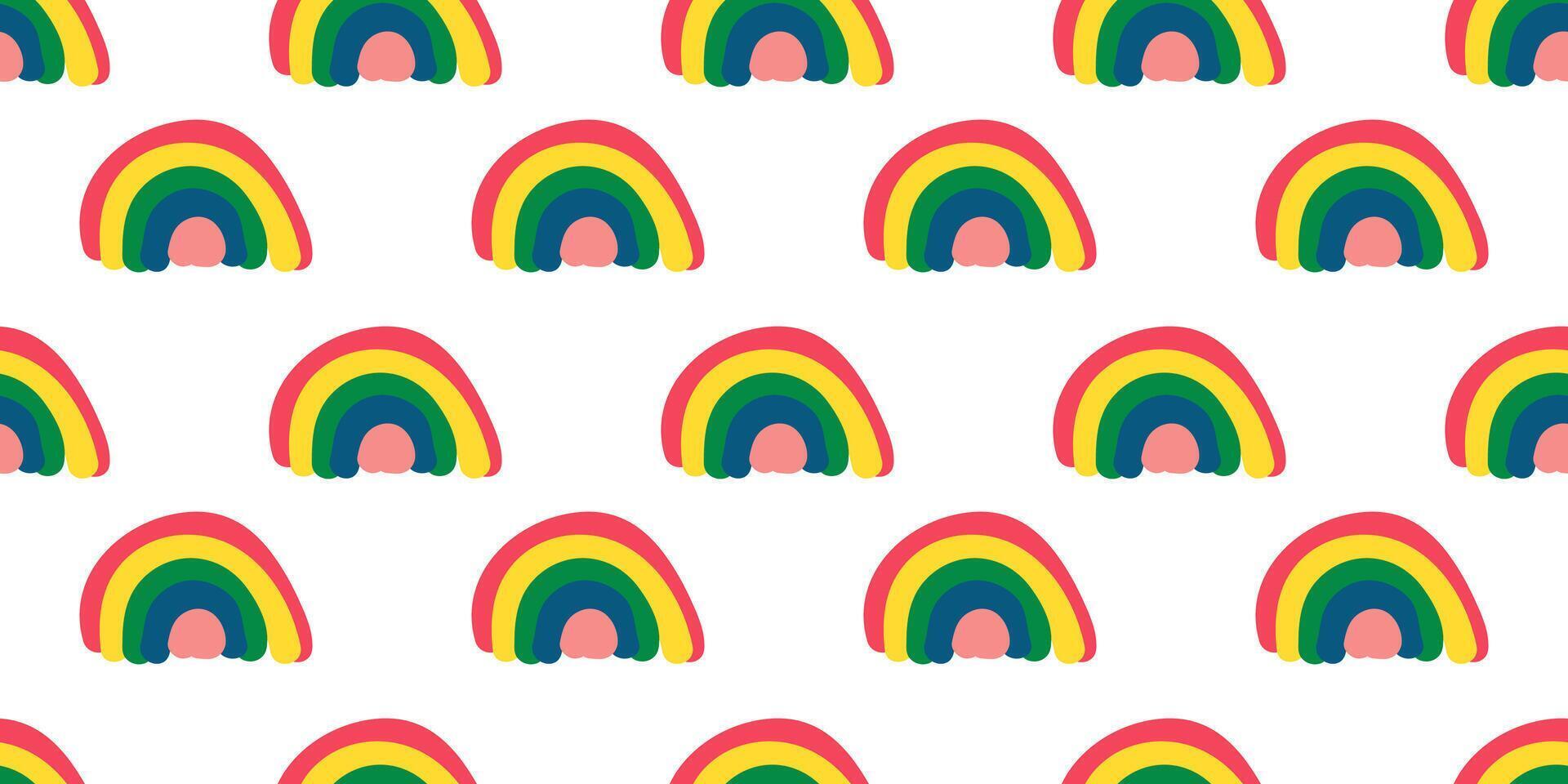 Rainbow cute hand drawn Children seamless pattern on white background. Doodle kid endless design with simple shapes in minimalist style for fabric and clothing. vector