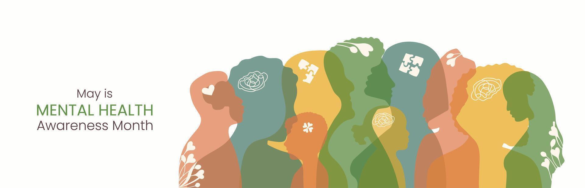 May is Mental Health Awareness month. Diversity silhouettes of adults and children of different nationalities and appearances. Colorful People contour in flat style. vector