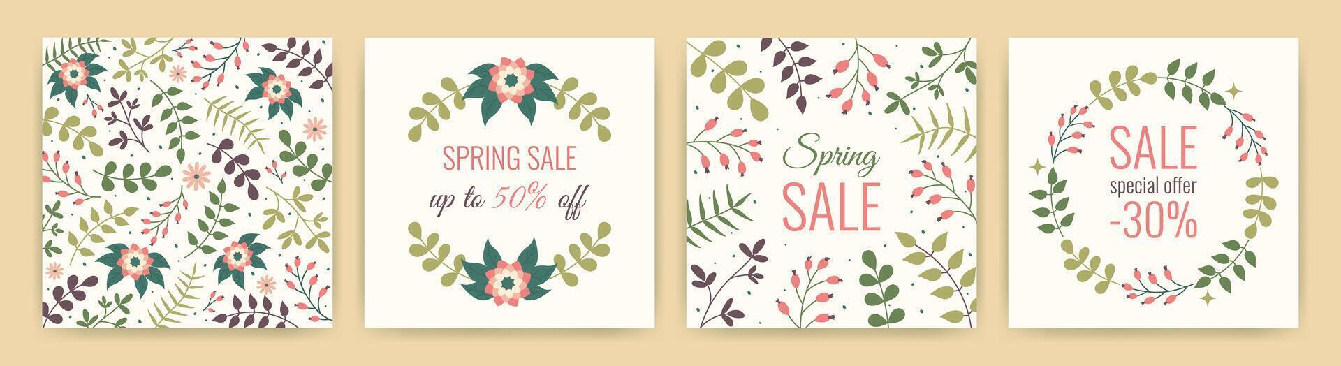 Trendy Spring Sale floral Square templates set. Springtime Backgrounds for social media posts, cards or ads. Hand drawn botanical elements for advertising. Wreath of flowers and leaves in doodle style vector