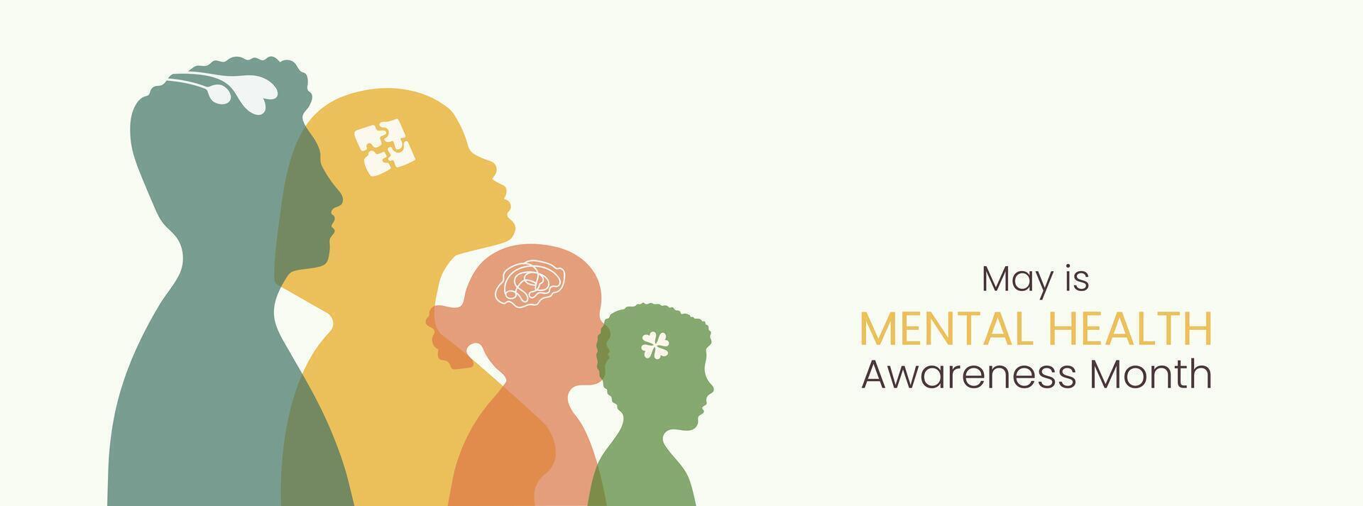 Mental Health Awareness month Banner. Silhouettes of family members man woman children son and daughter. Informing about importance of good state of mind. Psychological well-being presentation vector