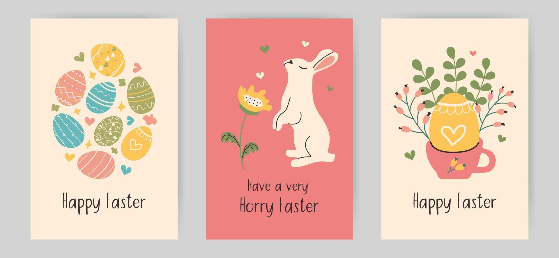 Hand drawn Easter Vertical backgrounds set. Trendy postcards with bunny and flowers in doodle style. Multicolored hand-drawn Eggs Hunt food for greeting cards or social media stories. vector