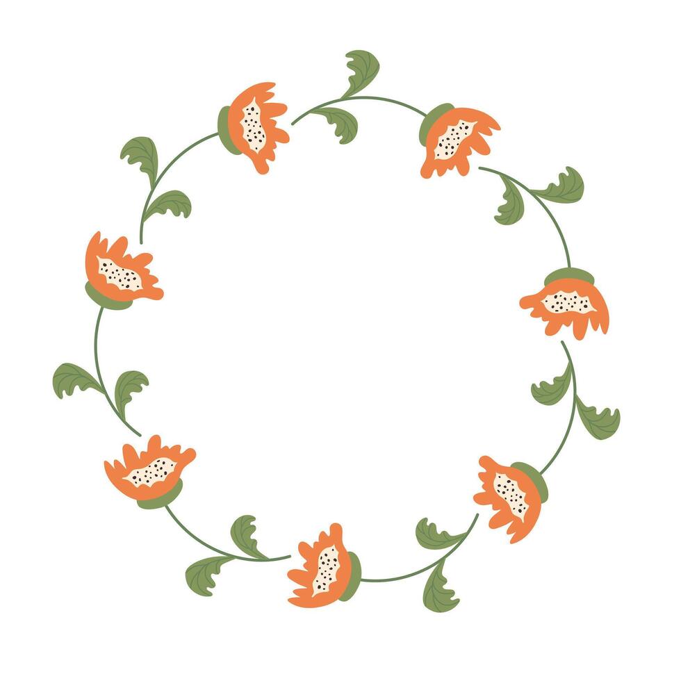 Doodle Floral Wreath made of orange flowers in circle. Hand drawn minimalist botanical element. Round frame or border with place text, quote or logo in flat style.. vector