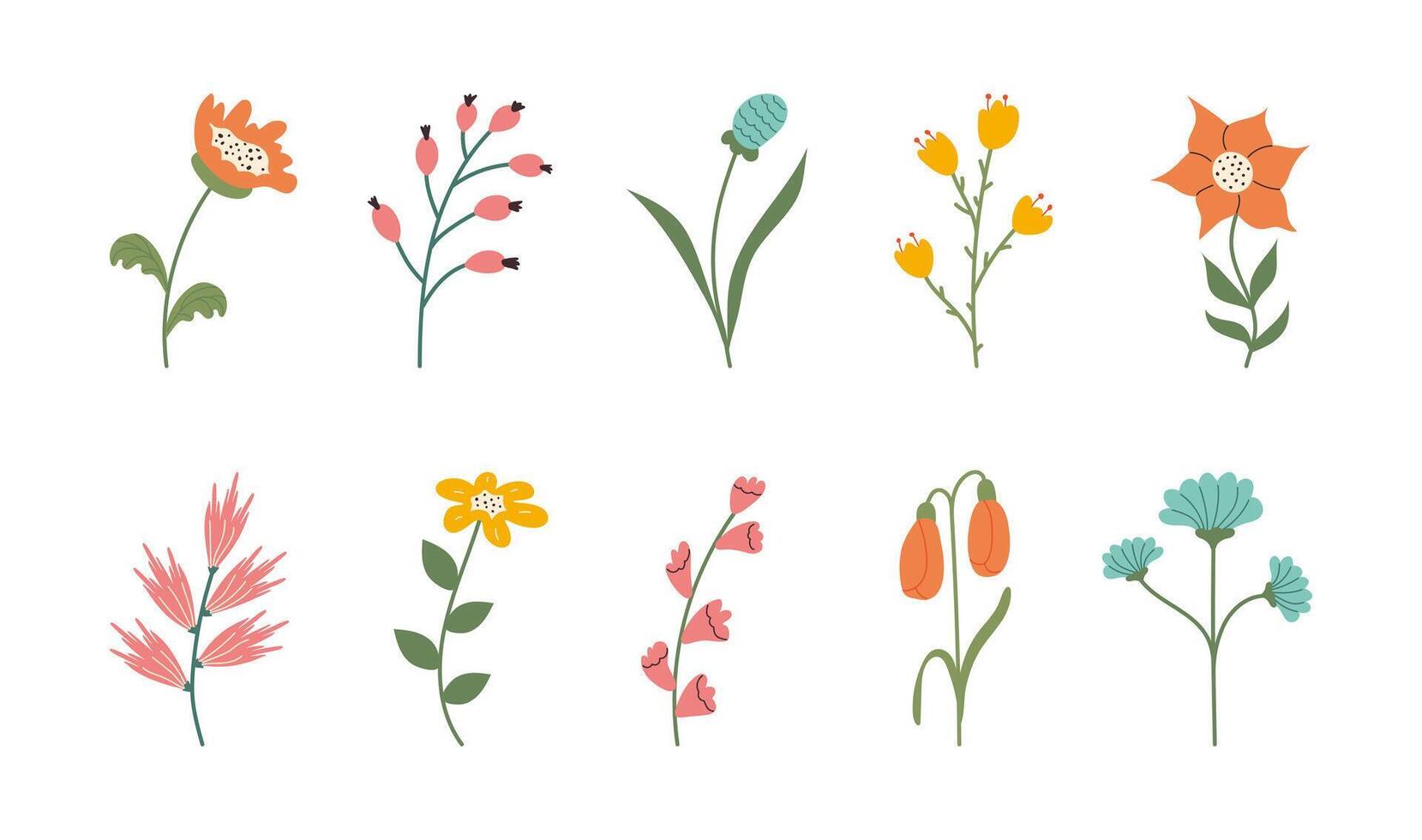 escrito primavera flores colección con hojas. conjunto de mano dibujado verano floral botánico elementos. garabatear elegante minimalista diseño para decoración fiesta tarjetas, carteles vector