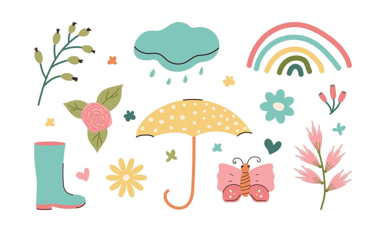 Doodle Spring elements for stickers or decoration of cards and posters. Hand drawn umbrella, butterfly, rainbow and flowers. Light cute minimalistic Springtime collection. vector