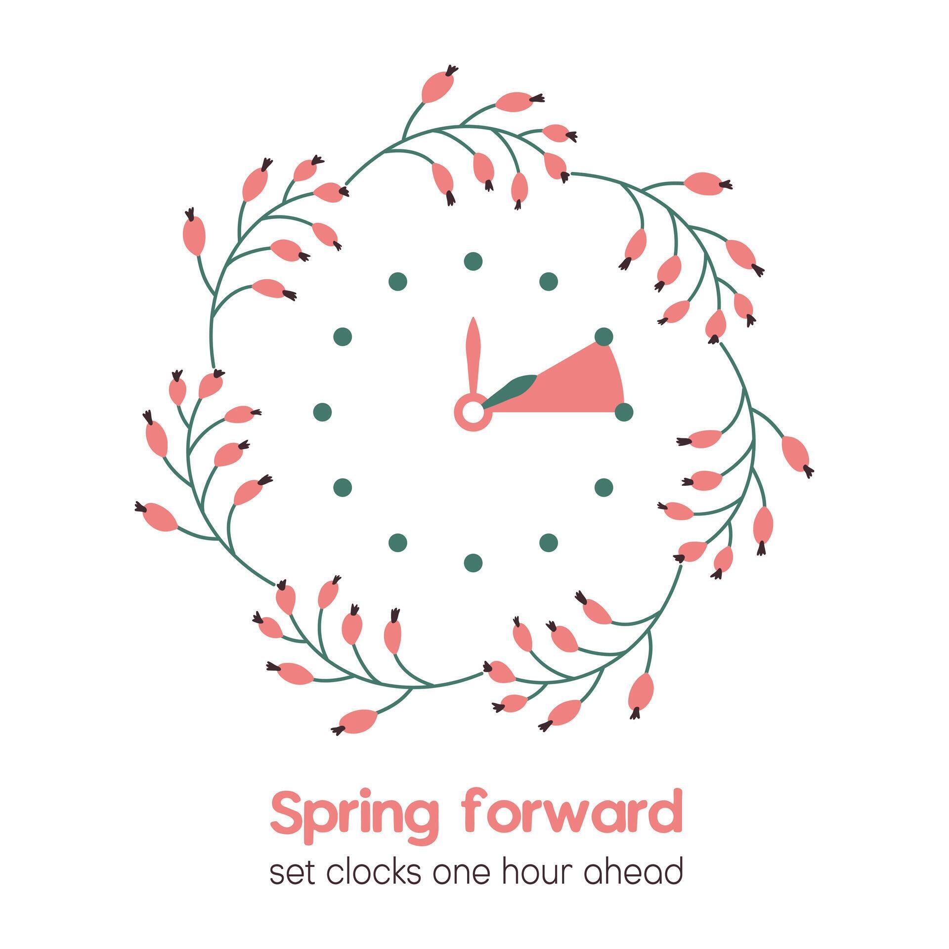 Spring Forward reminder. Vector illustration in flat style with floral